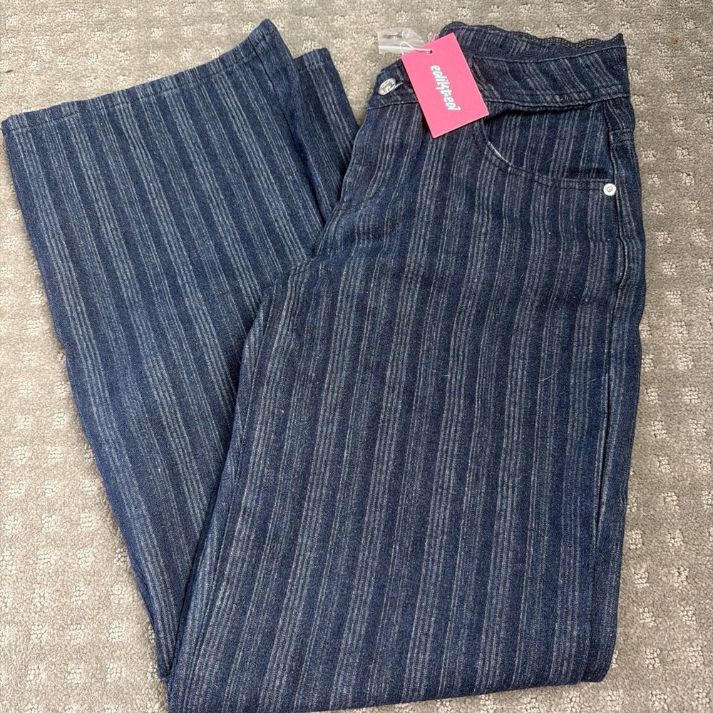 edikted Women's Dark Wash Blue Denim Wide-Leg Lace Mid Rise Jeans Button/Zip Sm